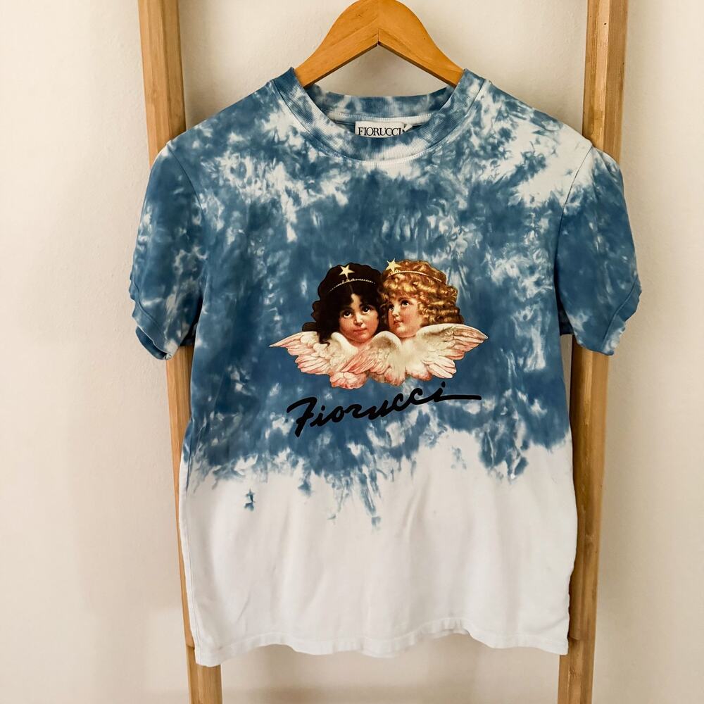 Fiorucci Blue Tie Dye Angels Graphic T-Shirt XS Cotton Short Sleeve Tee